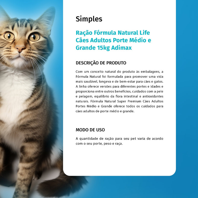 Ração Fórmula Natural Life Cães Adultos Porte Médio e Grande 15kg Adimax