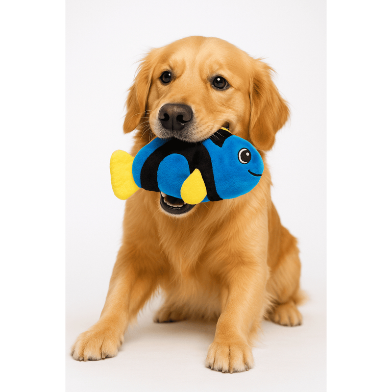 Brinquedo Pet Mordedor Peixe Azul Dori Pelúcia Para Cães e Gatos Com Apito