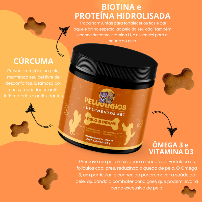Suplemento Vitamina PELUDINHOS p/ Cachorro PELO e DERME Saboroso Dermatite Queda Derme Brilho Formato de Ossinho